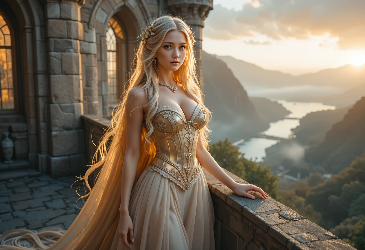 Principessa dai capelli dorati su un balcone del castello al tramonto