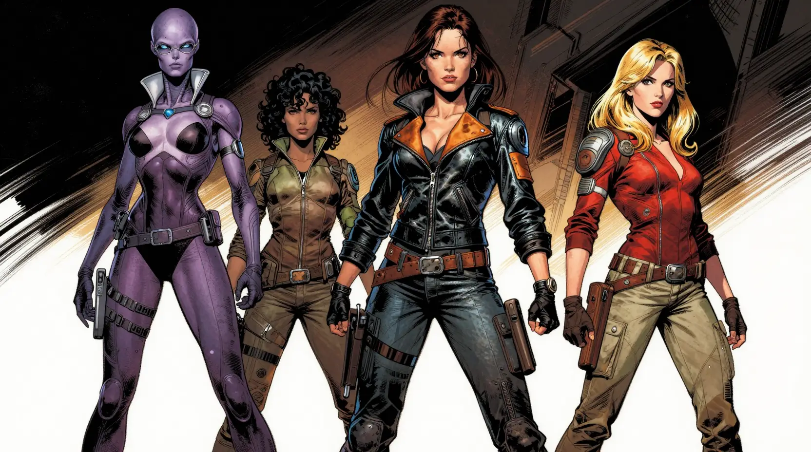 Four futuristic heroines in bold comic book silhouette