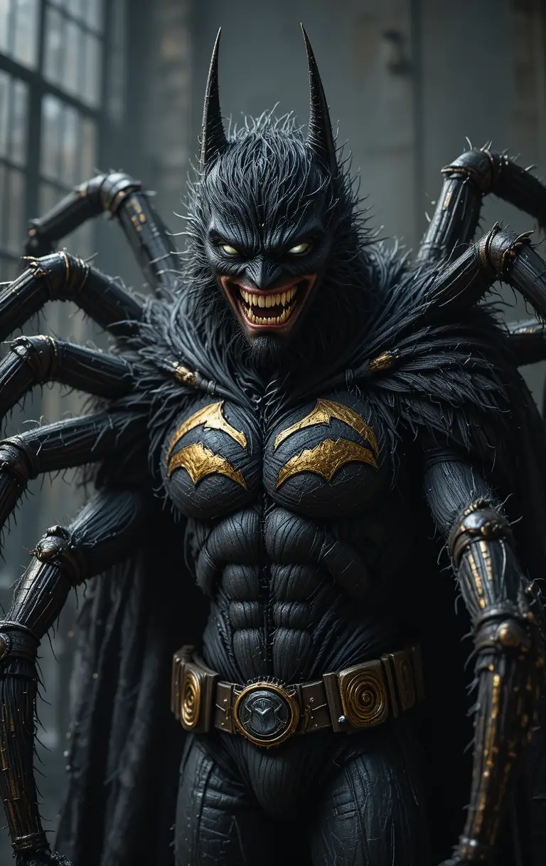 Criatura semelhante a aranha com máscara e sorriso demoníaco em preto e dourado