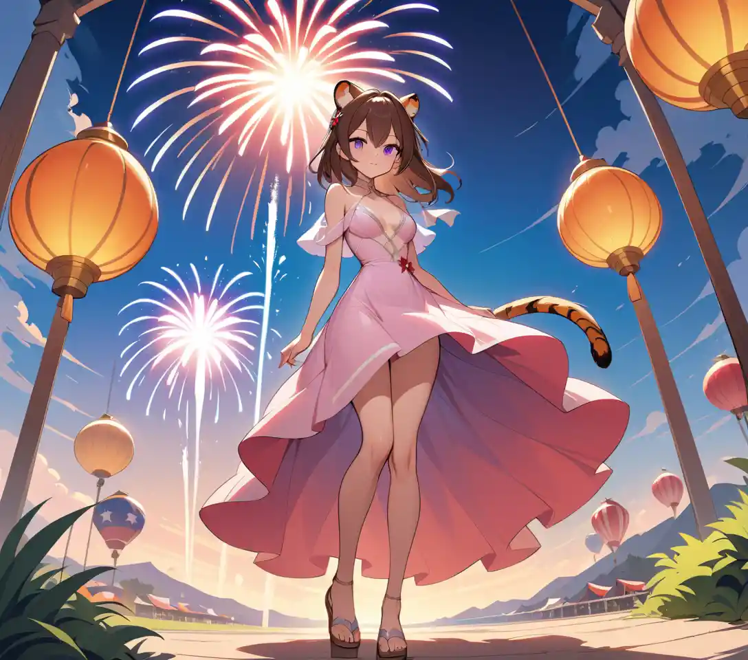 Elegante mulher com orelhas de tigre em vestido rosa sob fogos de artifício