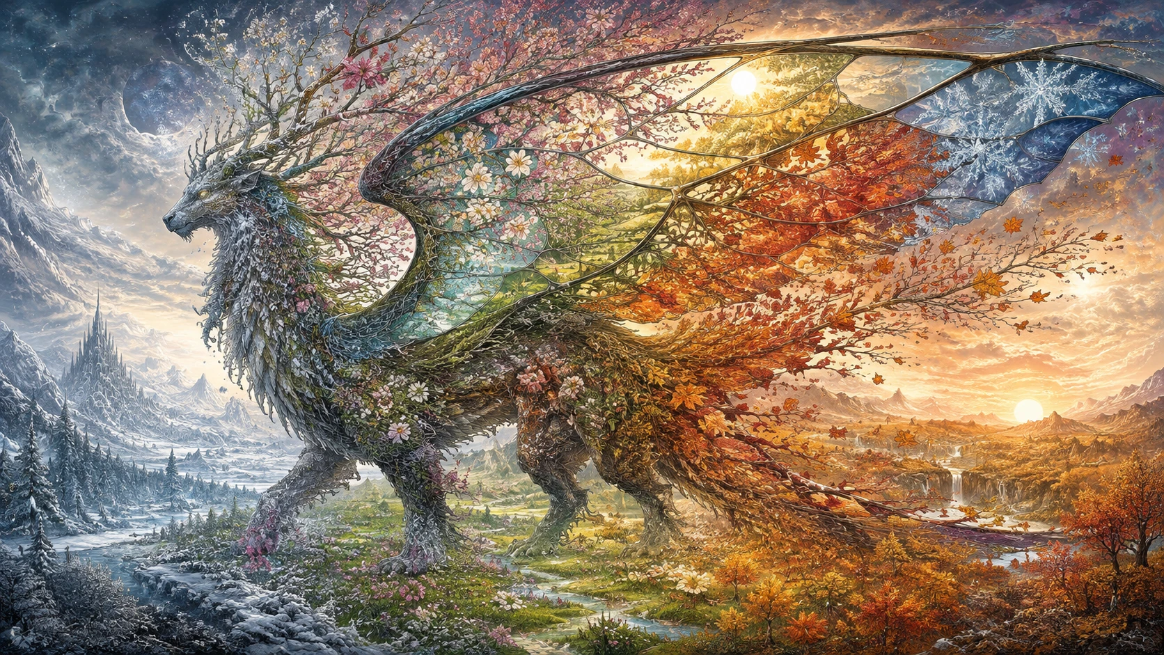 Majestuosa criatura estacional cruzando una tierra de fantasía helada