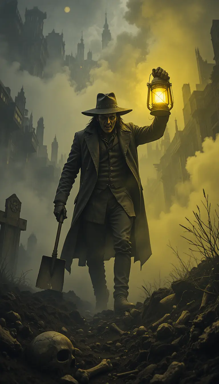 Gravedigger With Lantern In A Foggy Night Graveyard