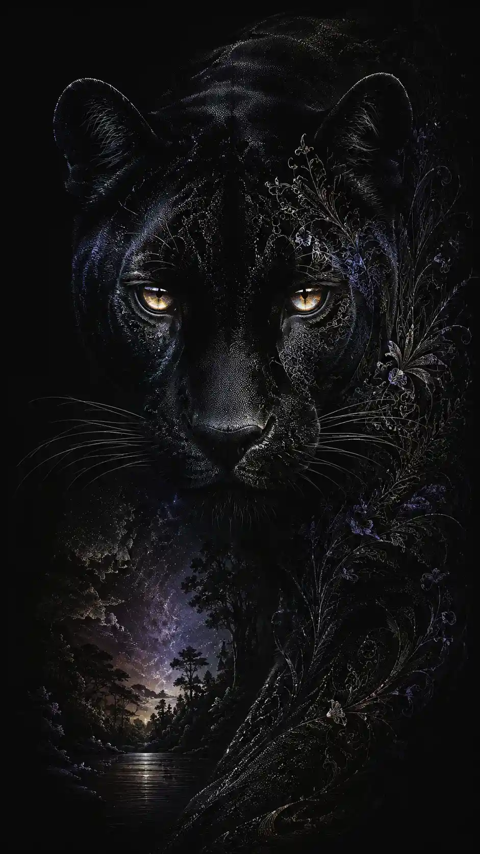 Black panther face emerging from darkness with glowing amber eyes