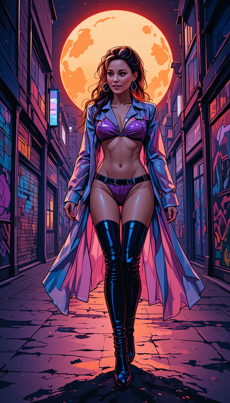 Confident woman in purple bikini walking through neon city