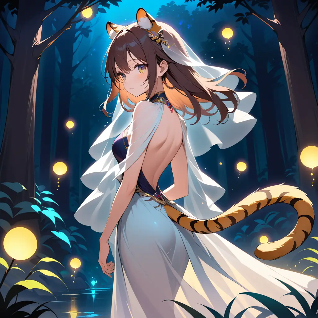 月明かりの森に佇む虎耳の神秘的な女性
