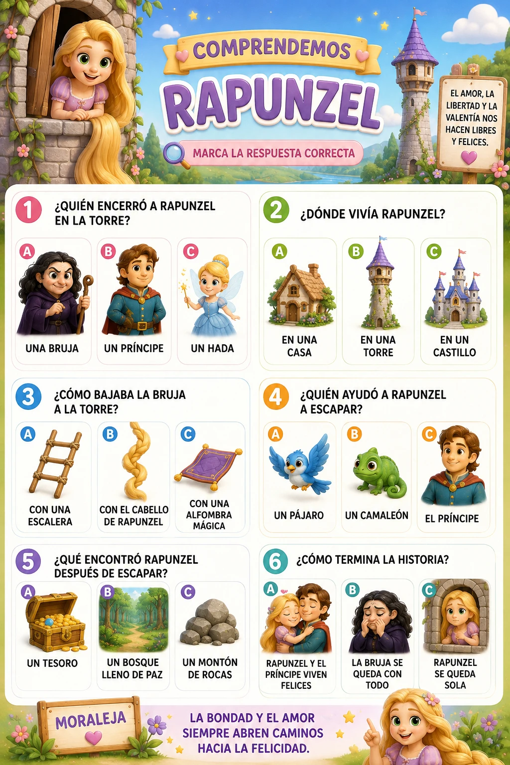 Leseverständnis-Arbeitsblatt Rapunzel mit Piktogrammen für Kinder