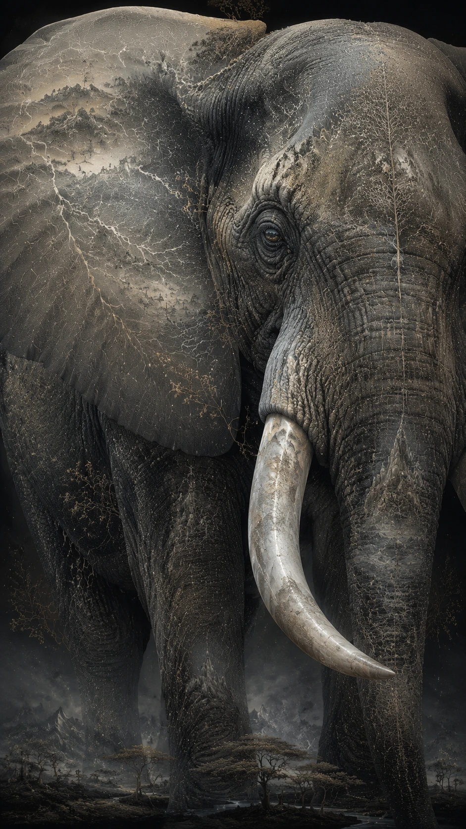 Surreal portrait of an African elephant with map like skin