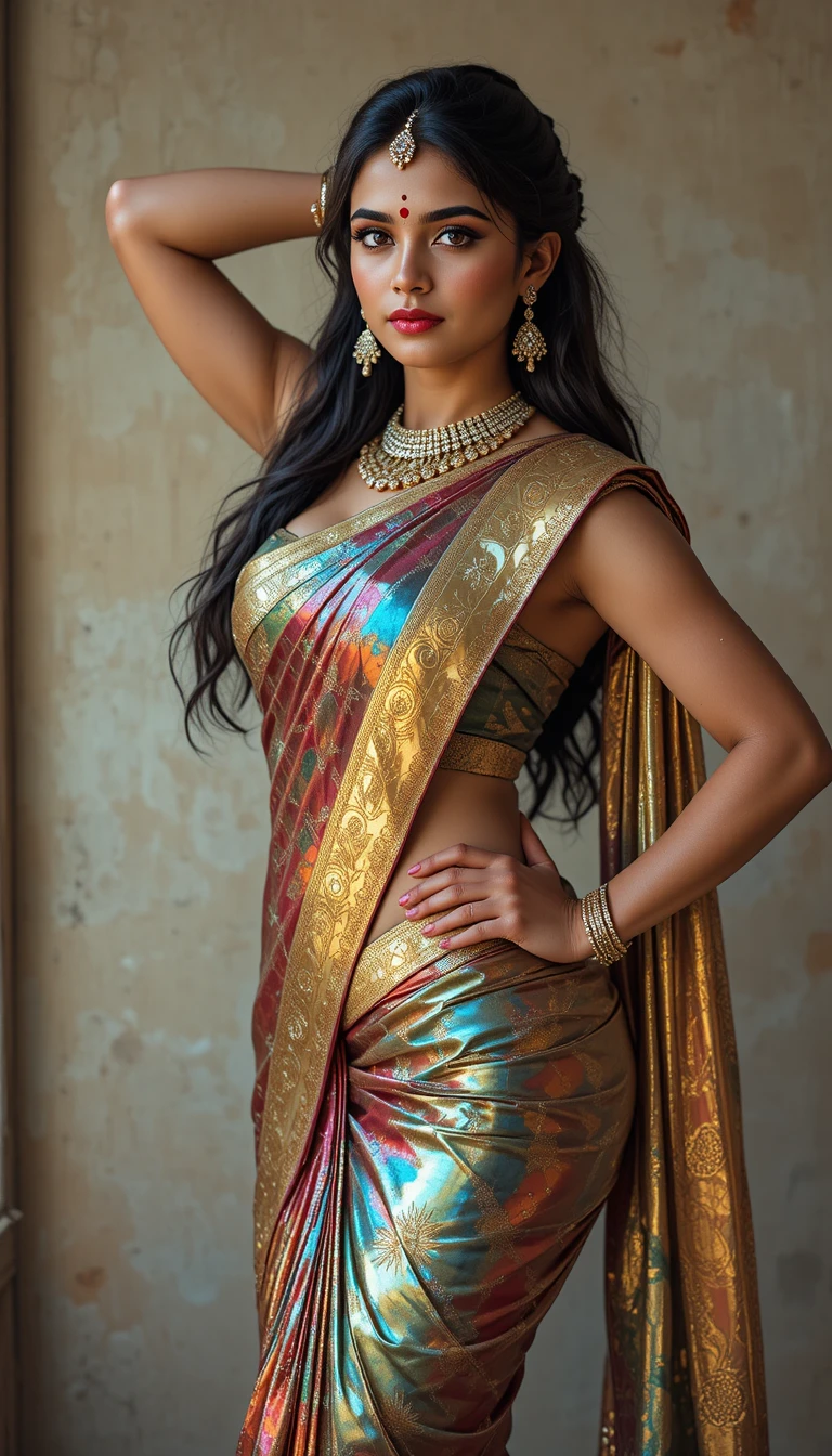 Mujer india atlética posando con un sari brillante estampado