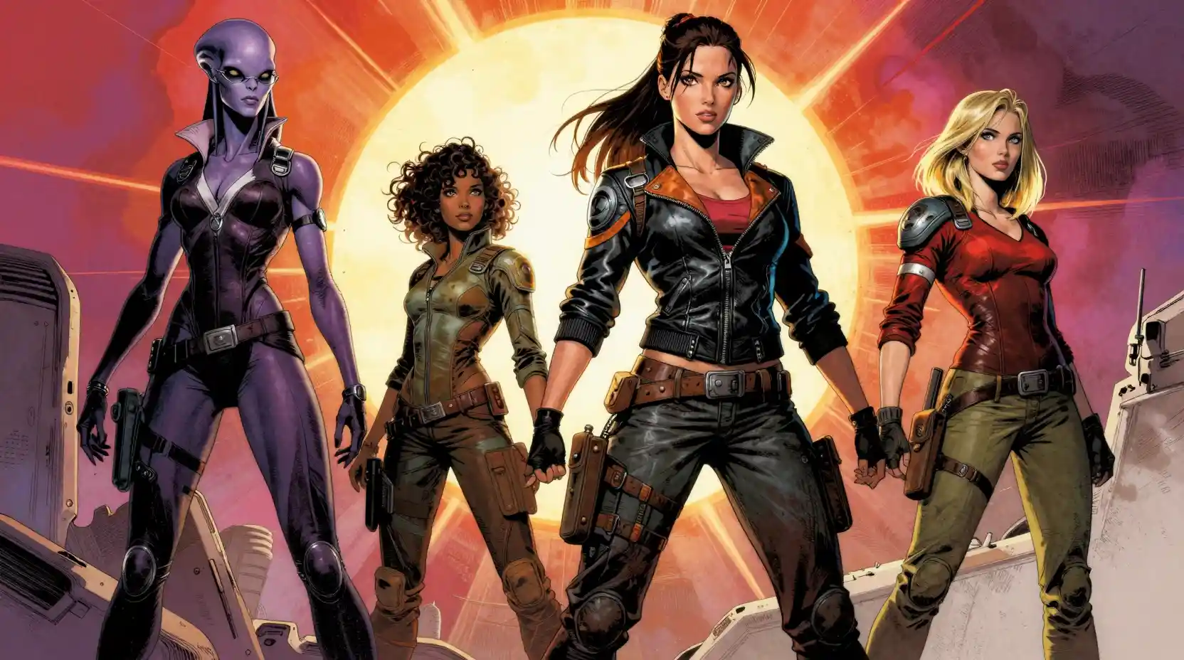 Cuatro mujeres heroicas en un audaz estilo de cómic de ciencia ficción