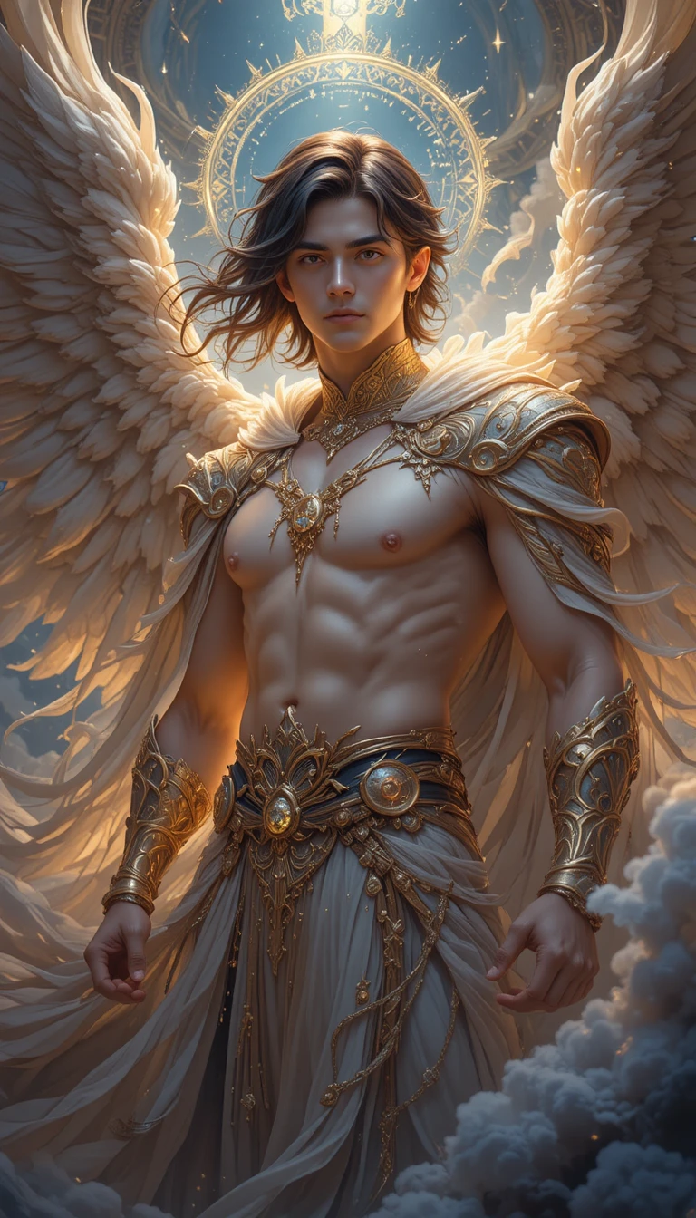 Giovane uomo fantasy in un mondo celestiale in stile anime