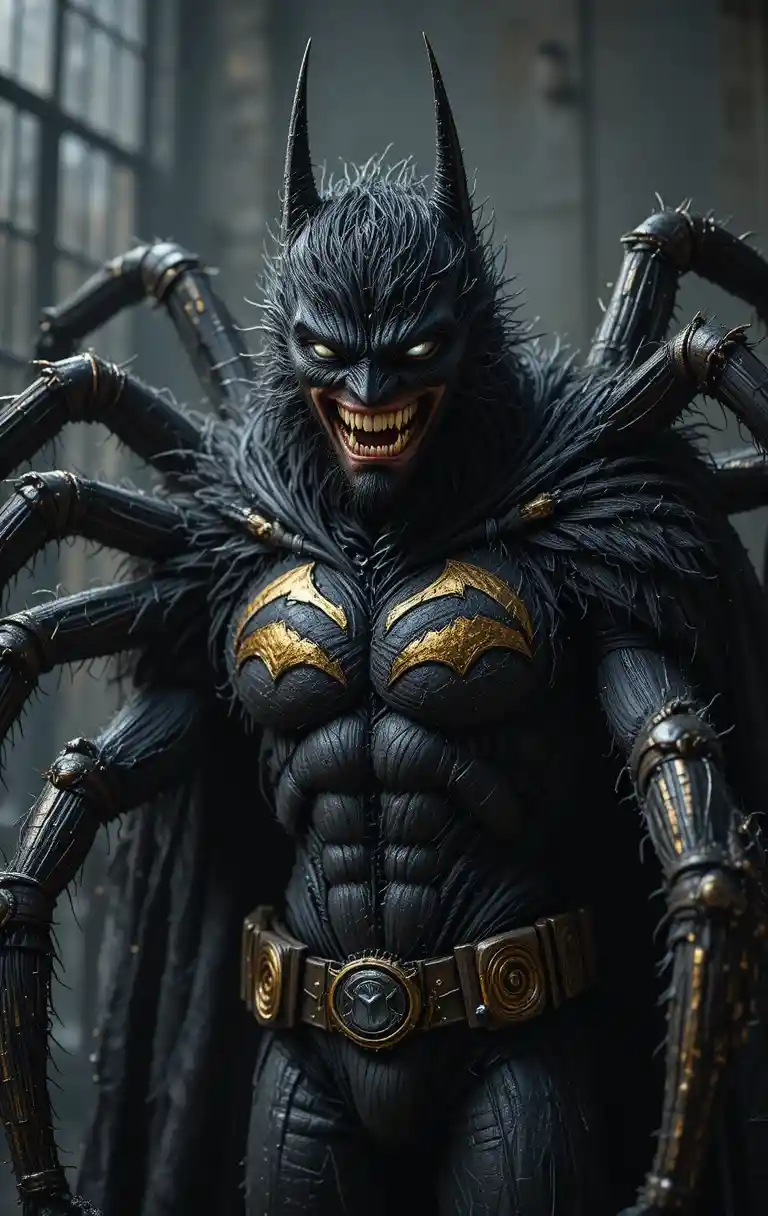 Criatura semelhante a aranha com máscara e sorriso demoníaco em preto e dourado