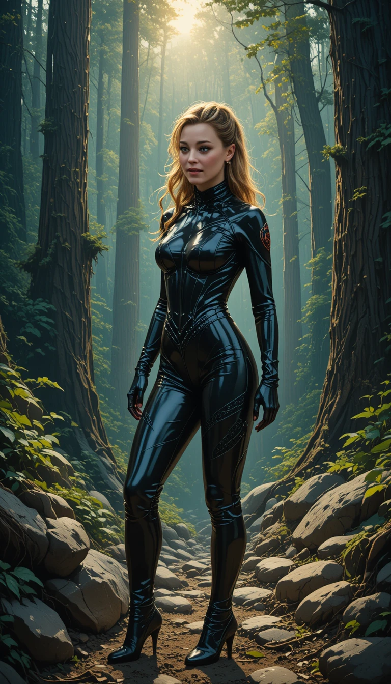 Sportliche blonde Frau im schwarzen Latexanzug im uralten Wald