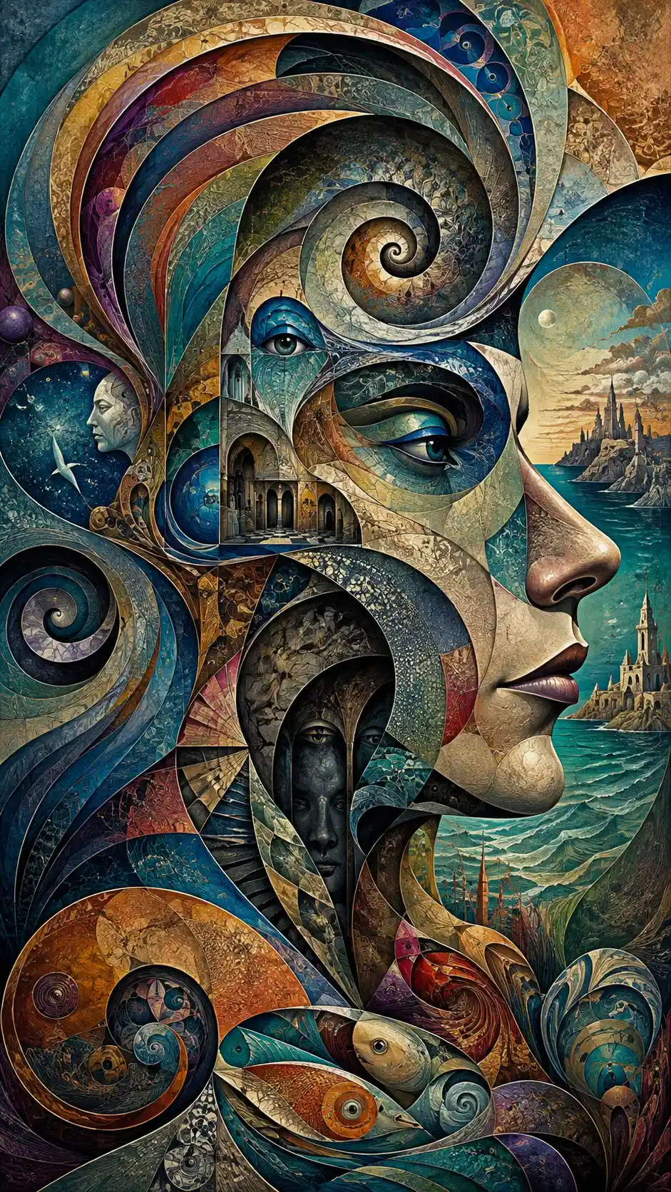 Perfil femenino surreal que fusiona escultura, paisaje y criatura