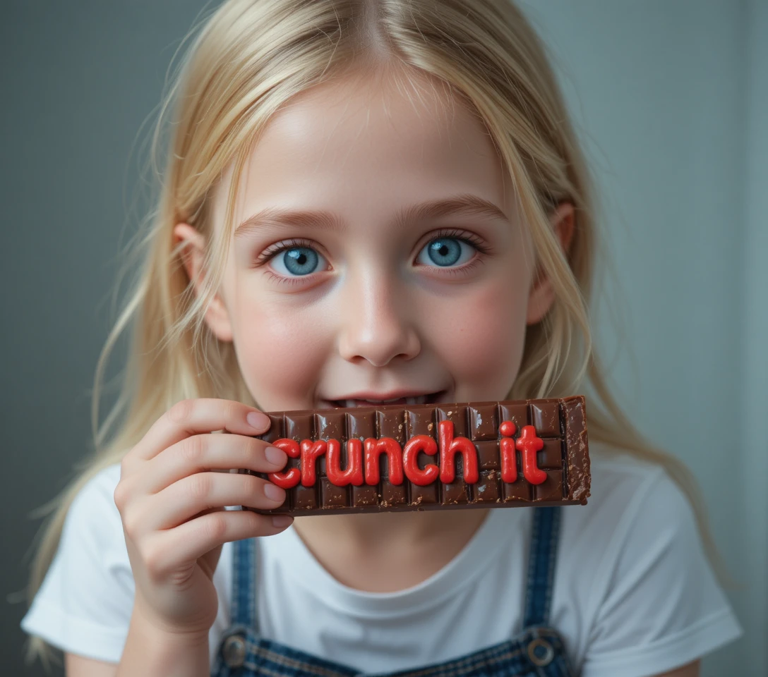 Young blonde girl eating a chocolate bar with crunch text