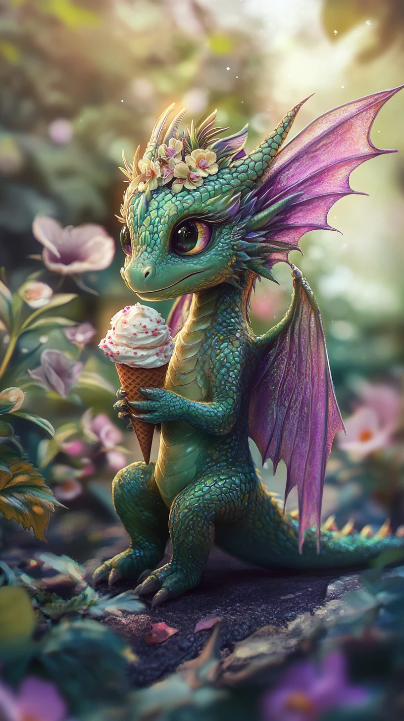 光る色彩のアイスクリームを抱えた小さな緑のドラゴン