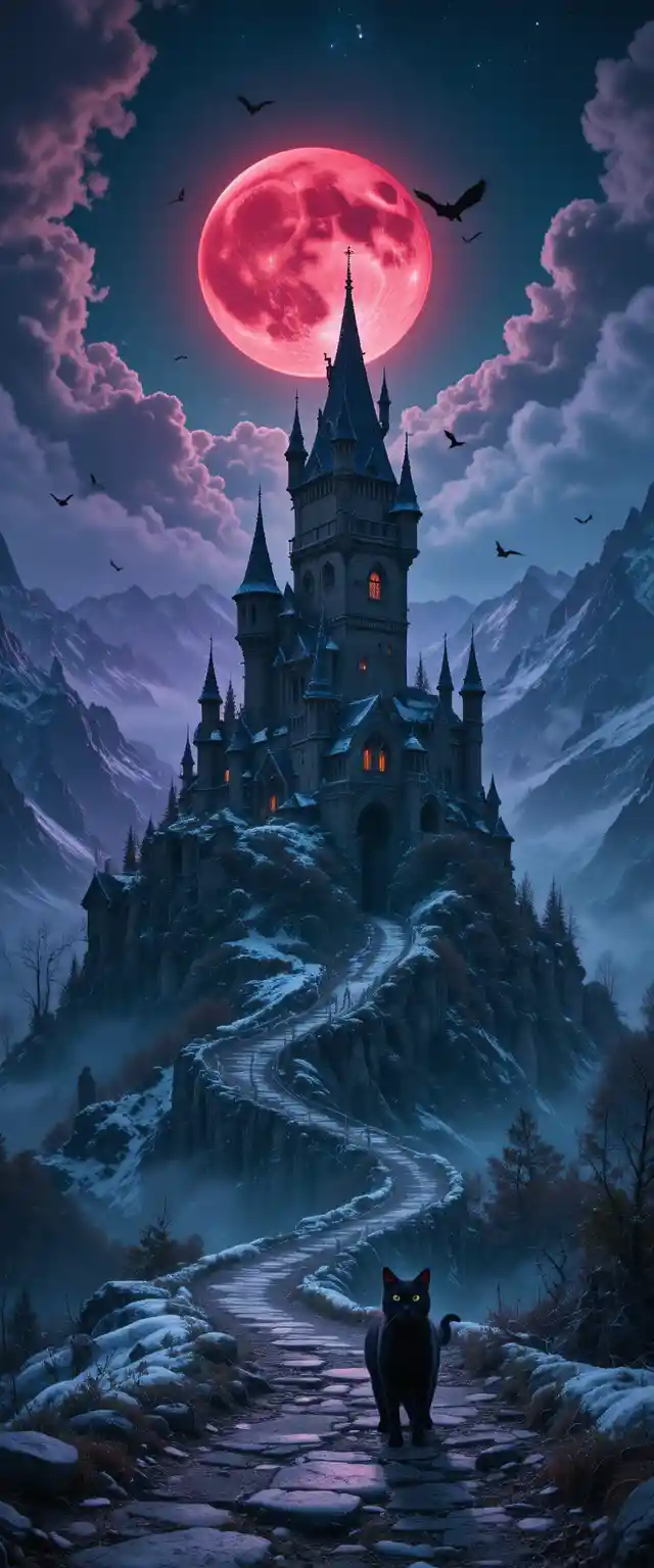 Château Hanté sur la Montagne avec Chauves-souris sous une Lune Rouge