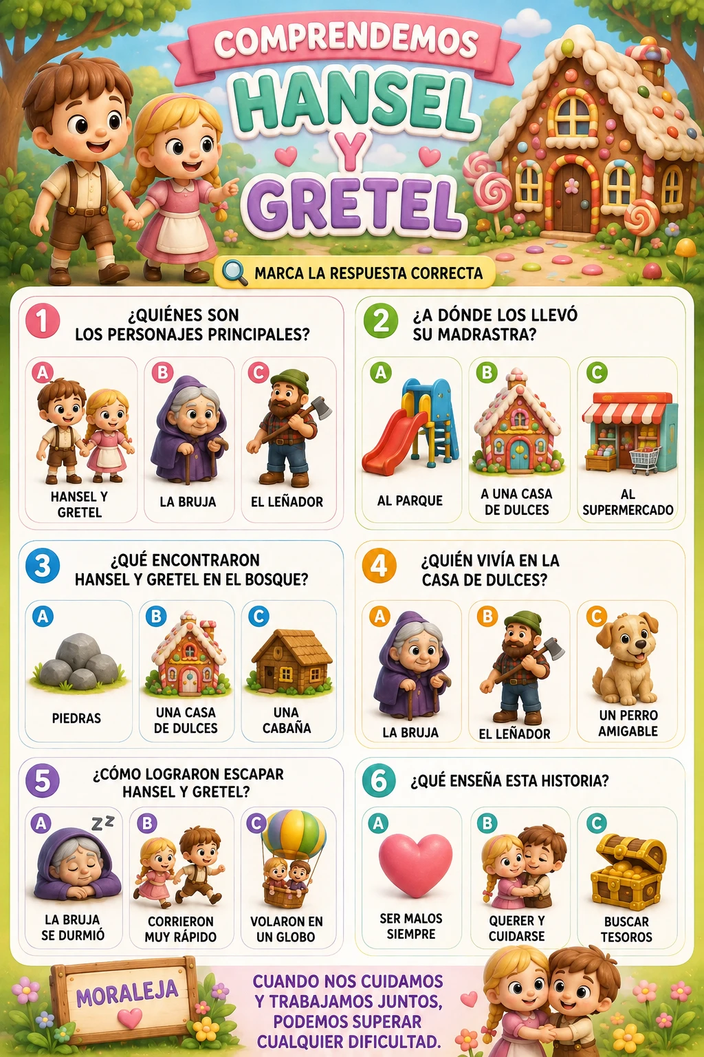 Arbeitsblatt zum Lesen von Hänsel und Gretel mit Piktogrammen für Kinder