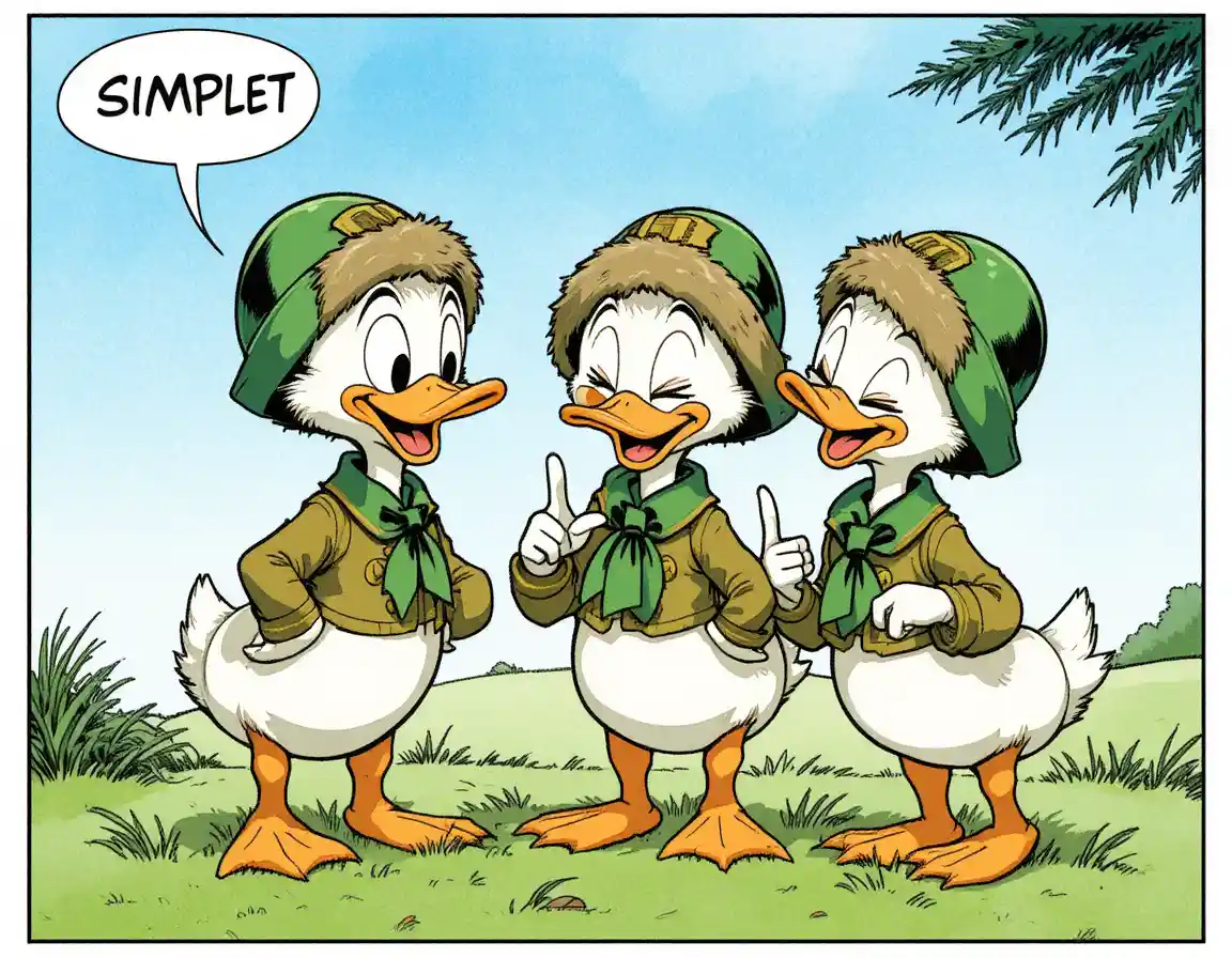 Laughing duck triplets in junior uniforms on grassy field