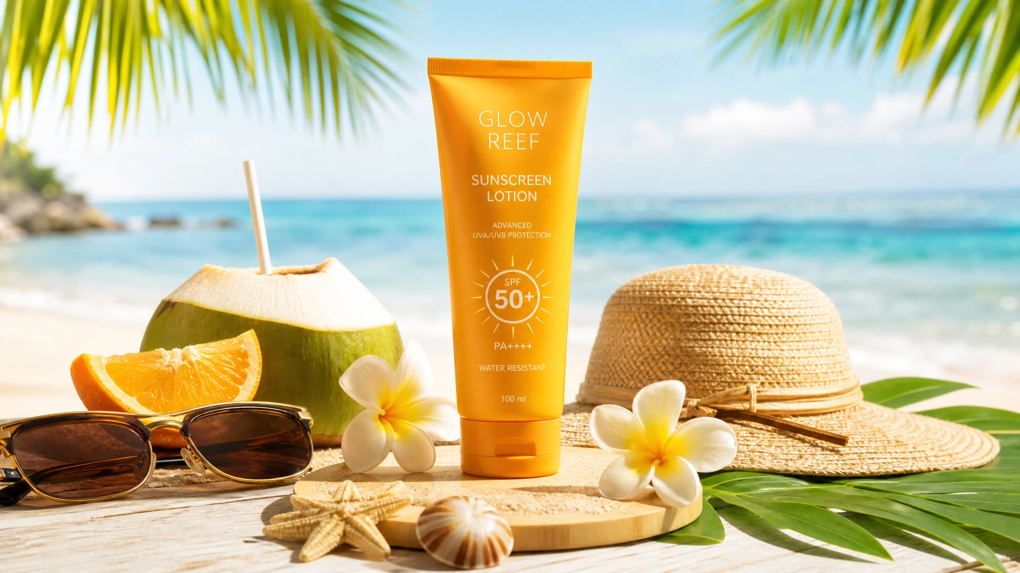 Produit d’été mis en valeur sur une plage lumineuse et ensoleillée