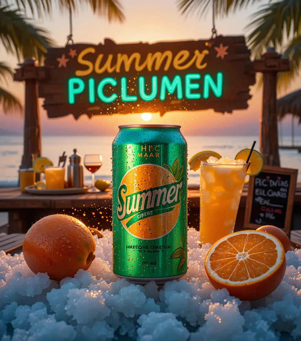 Tropical soda can and cocktails at a sunset beach bar