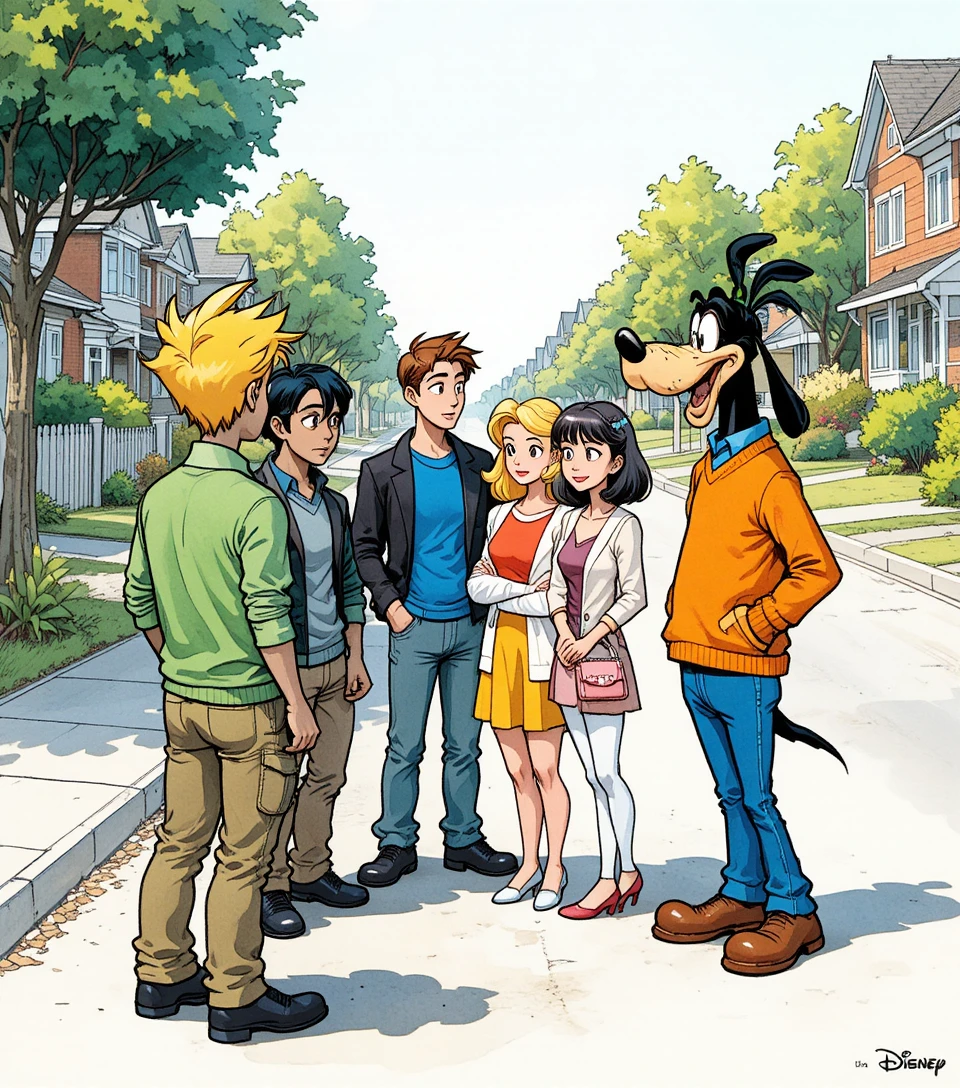 Amigos de dibujos animados antropomórficos hablando en una calle suburbana soleada