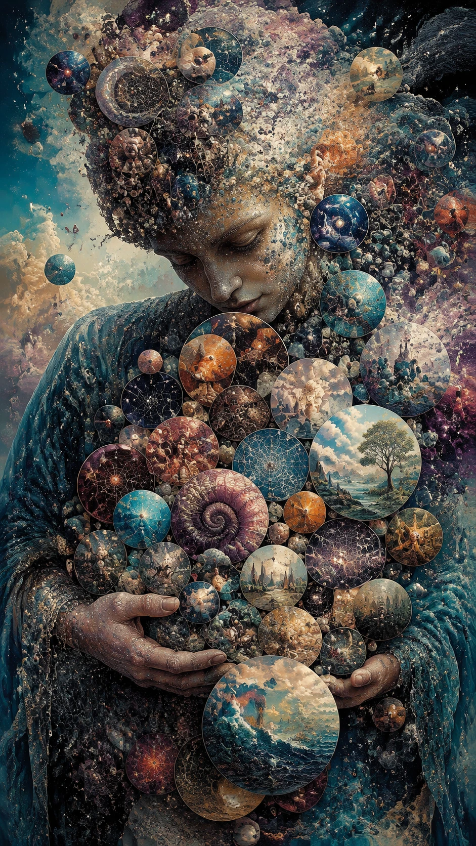 Figura surreal coletando universos circulares em miniatura cintilantes