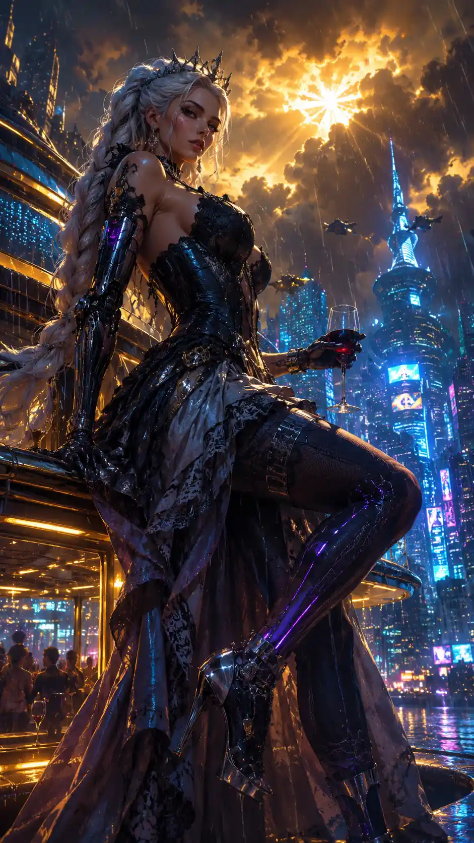 Reina cyberpunk colosal sobre una ciudad futurista lluviosa