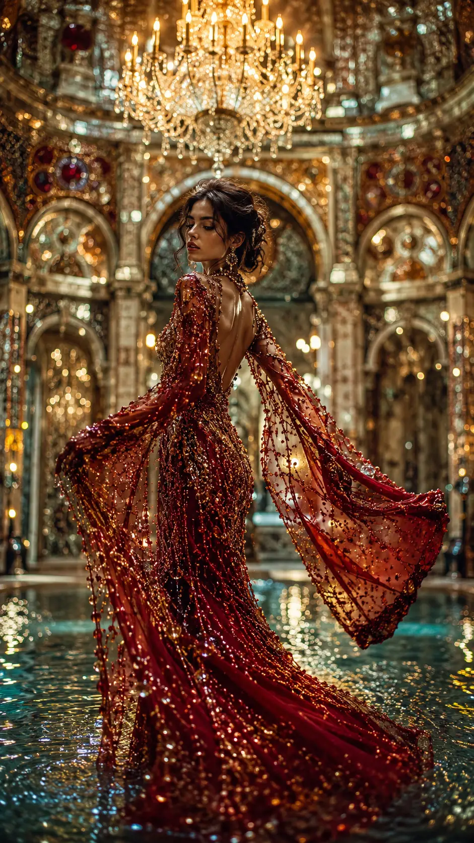 Mulher surreal em palácio veneziano de vidro e ouro