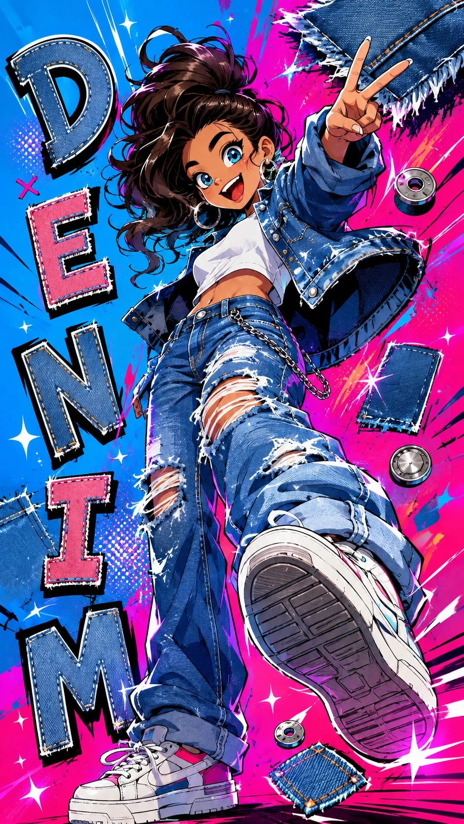 Energetic cartoon character posing in ripped denim jeans