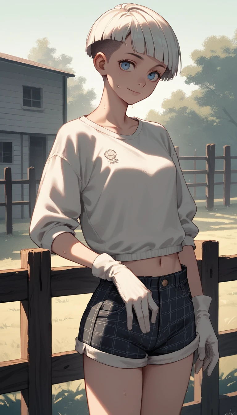 Anime-Mädchen im Vintage-Outfit an einem Holzzaun