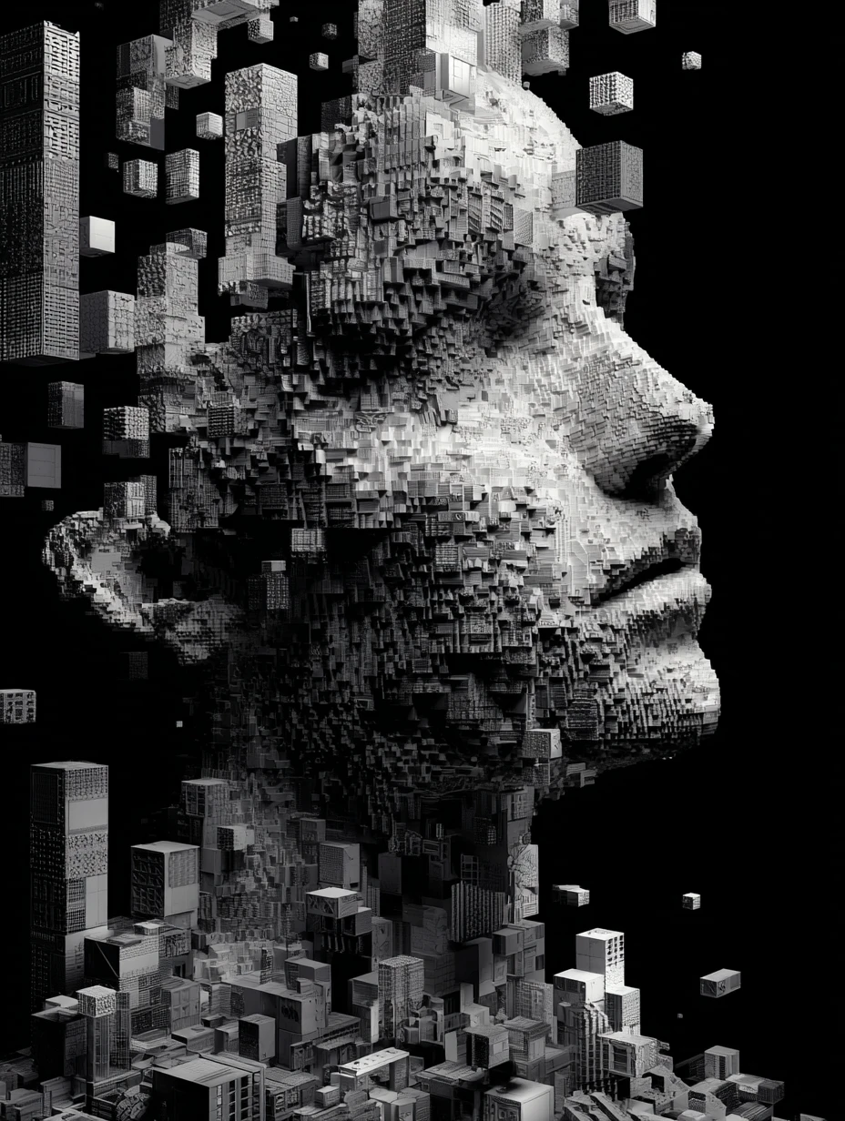 Visage féminin cubique surréaliste construit par de minuscules ouvriers