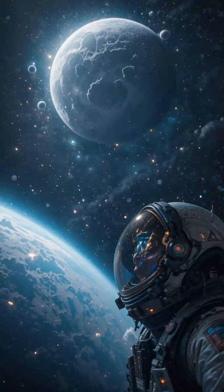 Astronauta solitário flutuando no espaço diante de uma lua imensa
