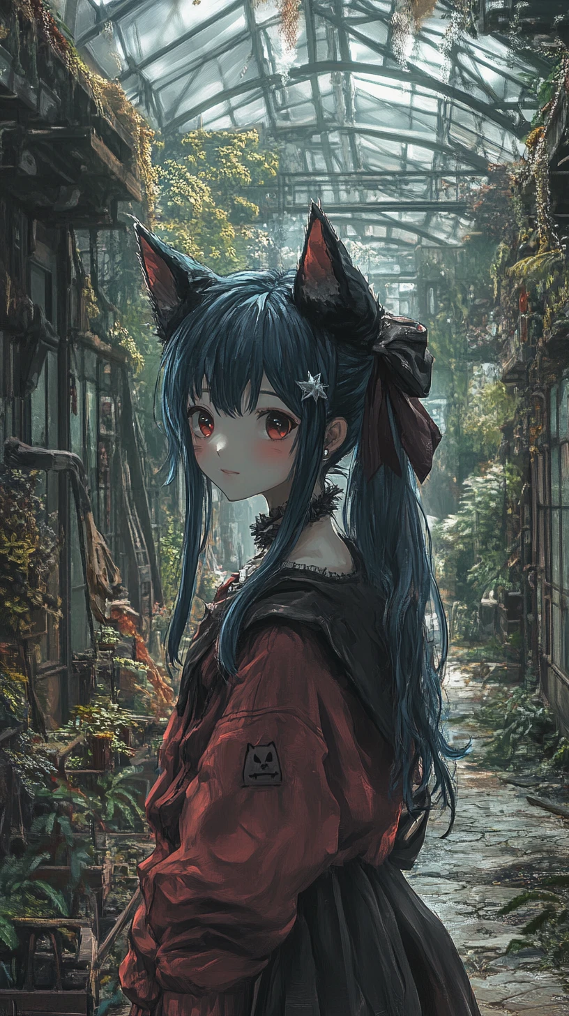 Anime greenhouse path lined with lush exotic plants