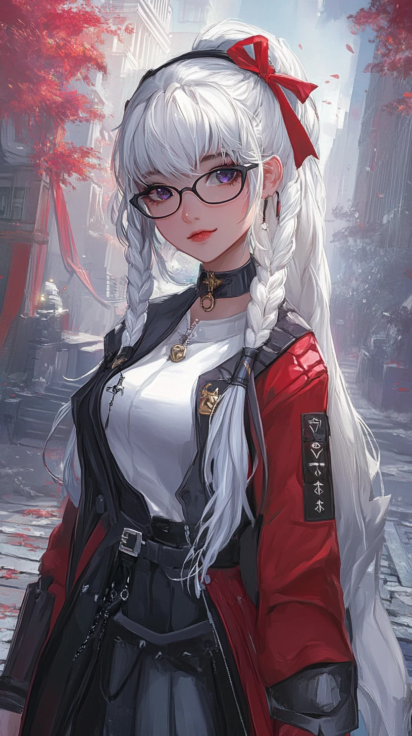 Anime girl with silver hair in formal black and white outfit