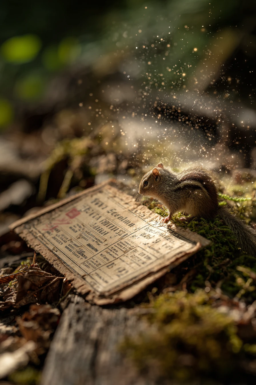 Glowing train ticket watched by a curious forest chipmunk