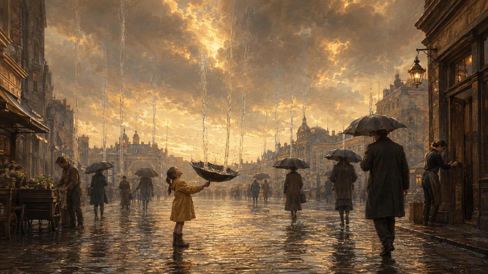 Old city pedestrians in gentle evening rain reversal