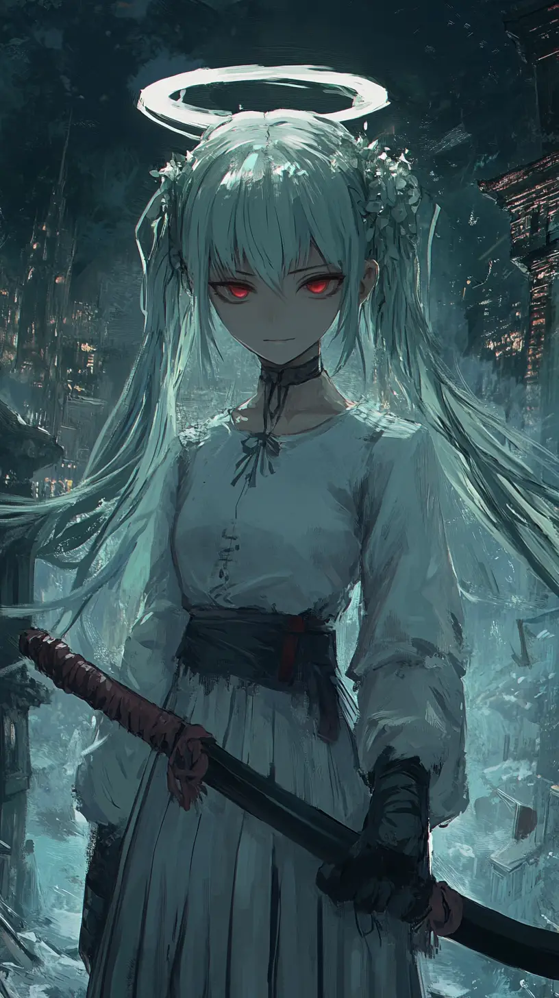 Chica de anime con trenza de pelo blanco y ropa manchada