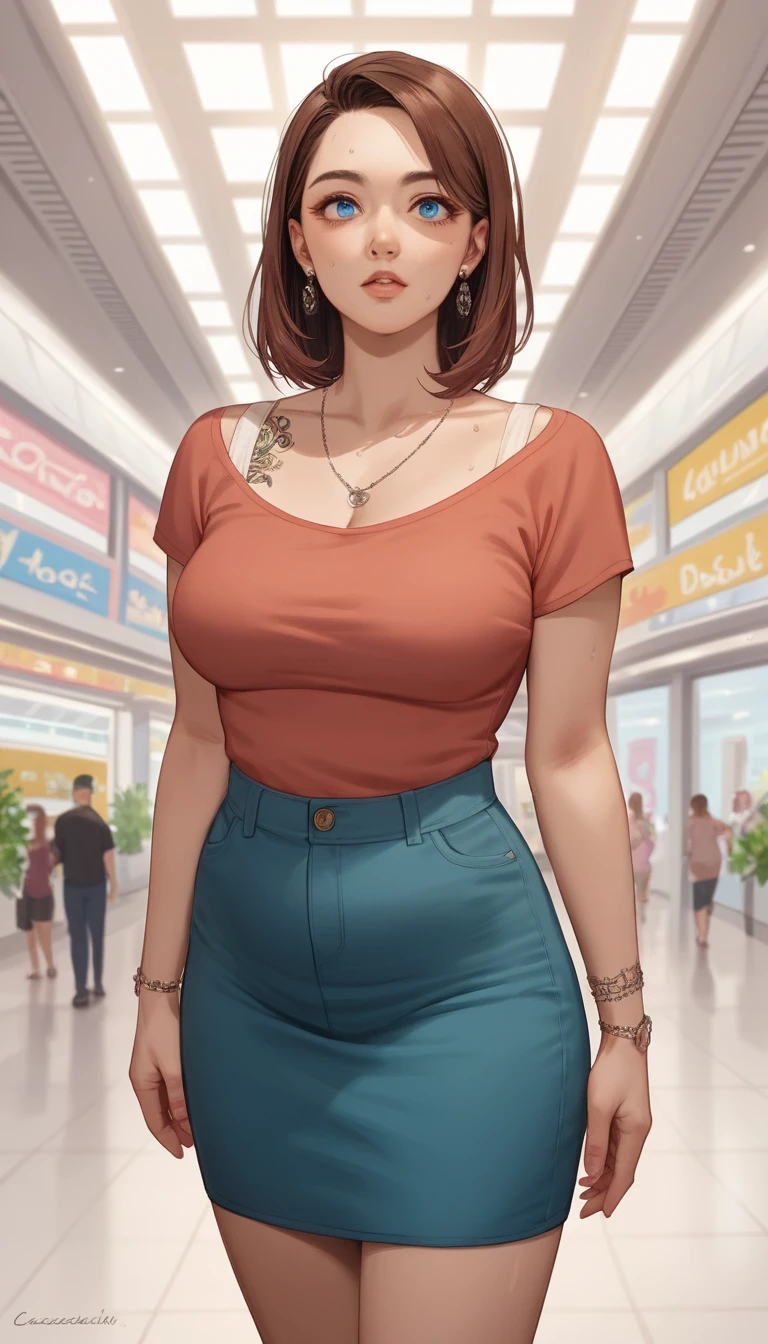 Ménagère anime aux yeux bleus dans un centre commercial