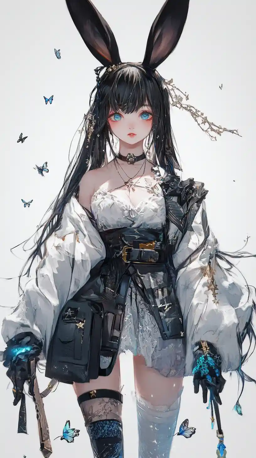 Elegant anime girl with long rabbit ears and starry skirt