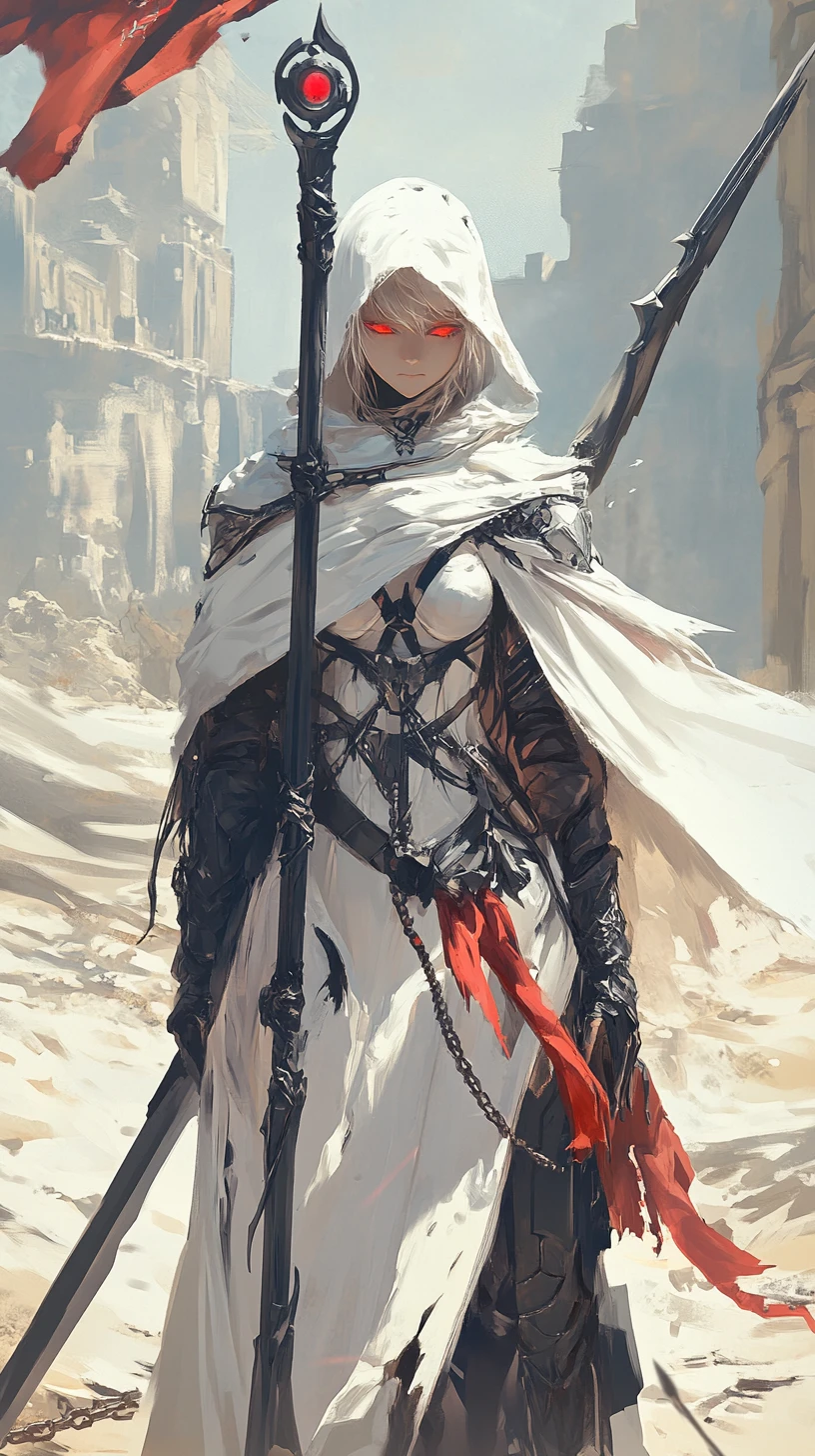Battle scythe in sandy ancient ruins with rune covered walls