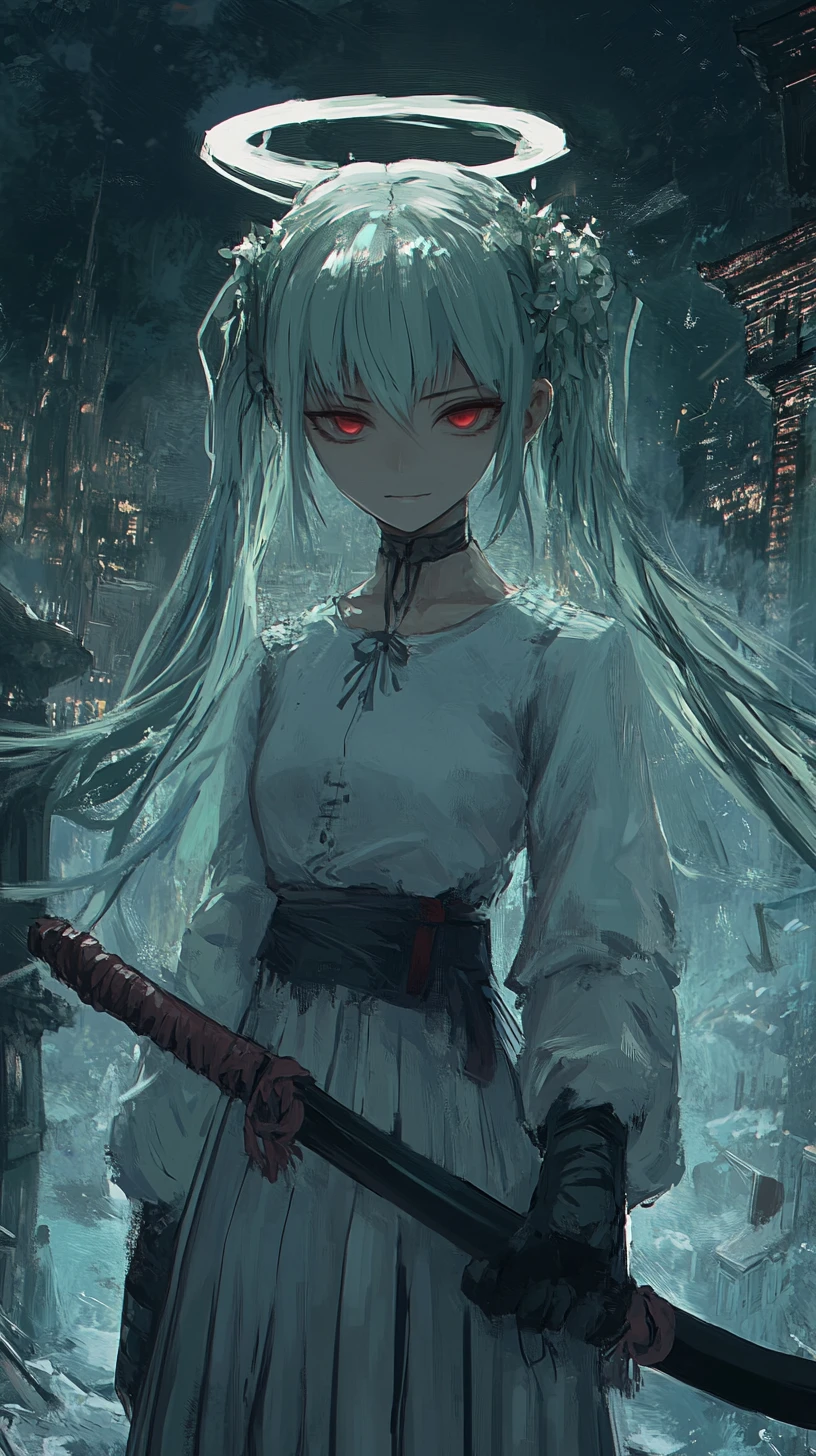 Anime girl with braided white hair in stained outfit
