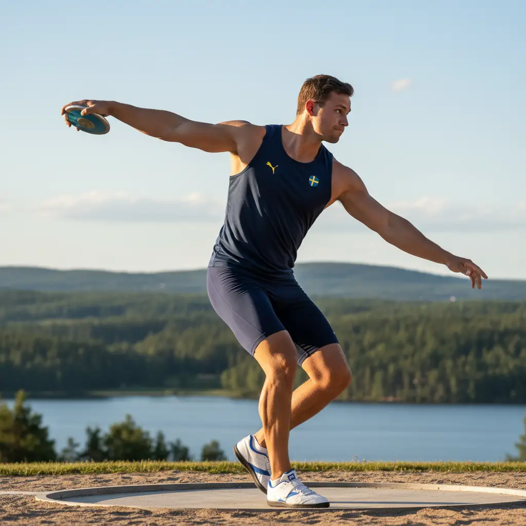 Swedish male discus thrower in a powerful full body pose