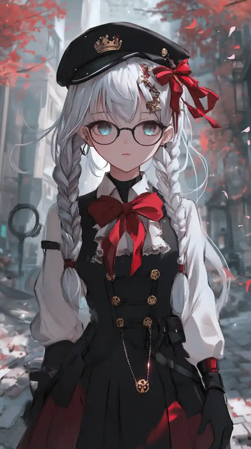 Silberhaariges Anime-Mädchen mit Brille im formellen Outfit