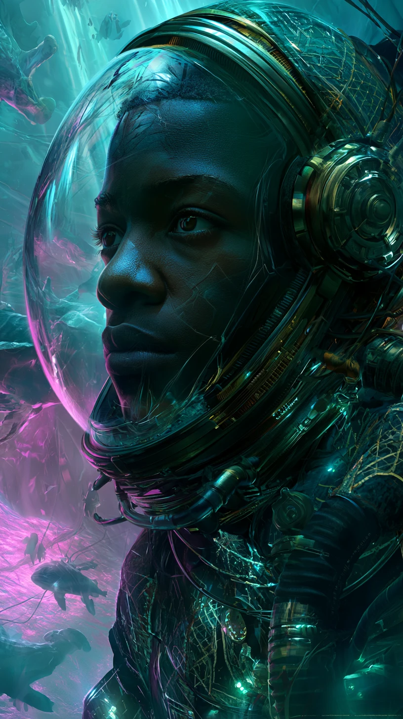 Piloto afrofuturista de aguas profundas en cabina sci‑fi luminosa