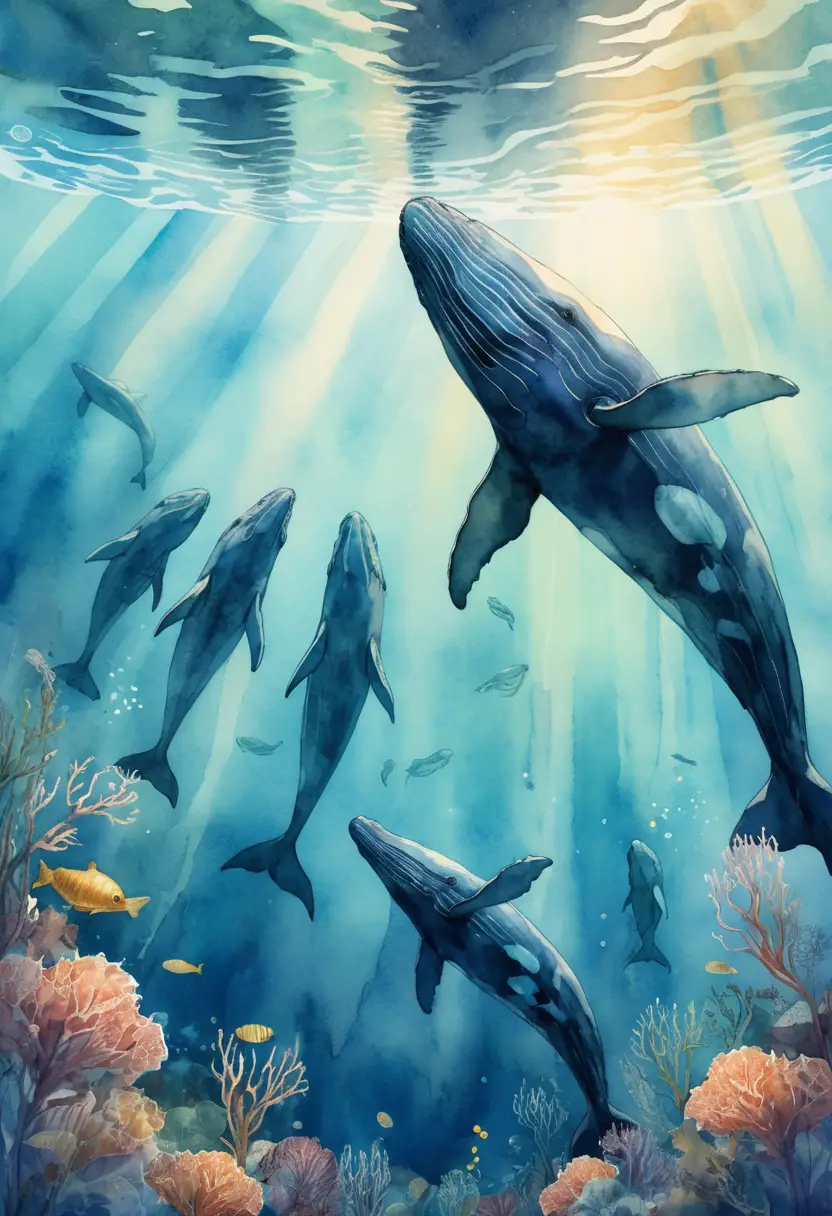 Unterwasseransicht leuchtender Wale und glühender kleiner Fische