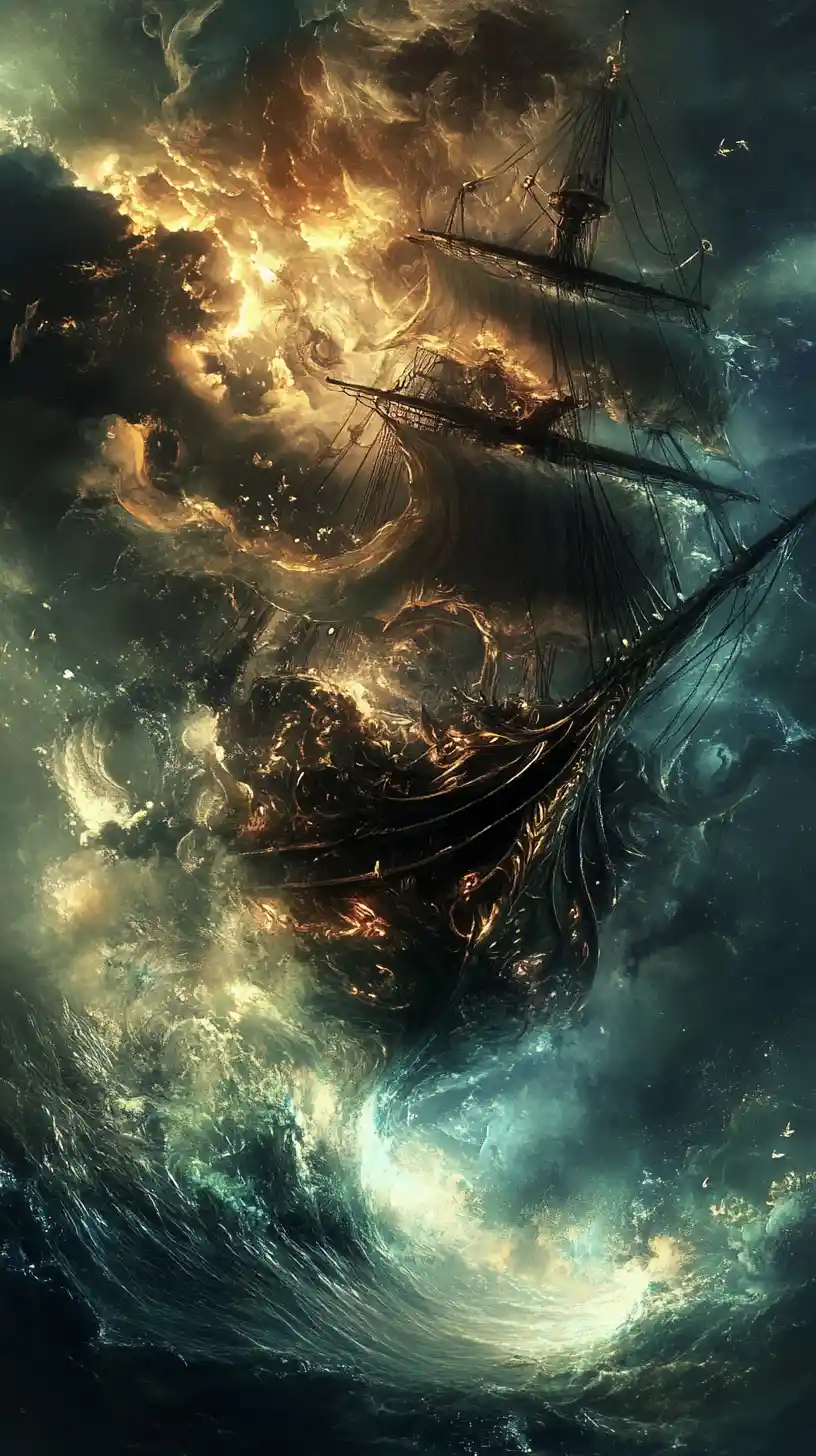 Dynamisches Geisterschiff über einem surrealen Fantasiemeer