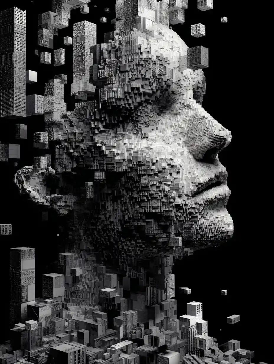 Surreal cubic female face built from tiny workers
