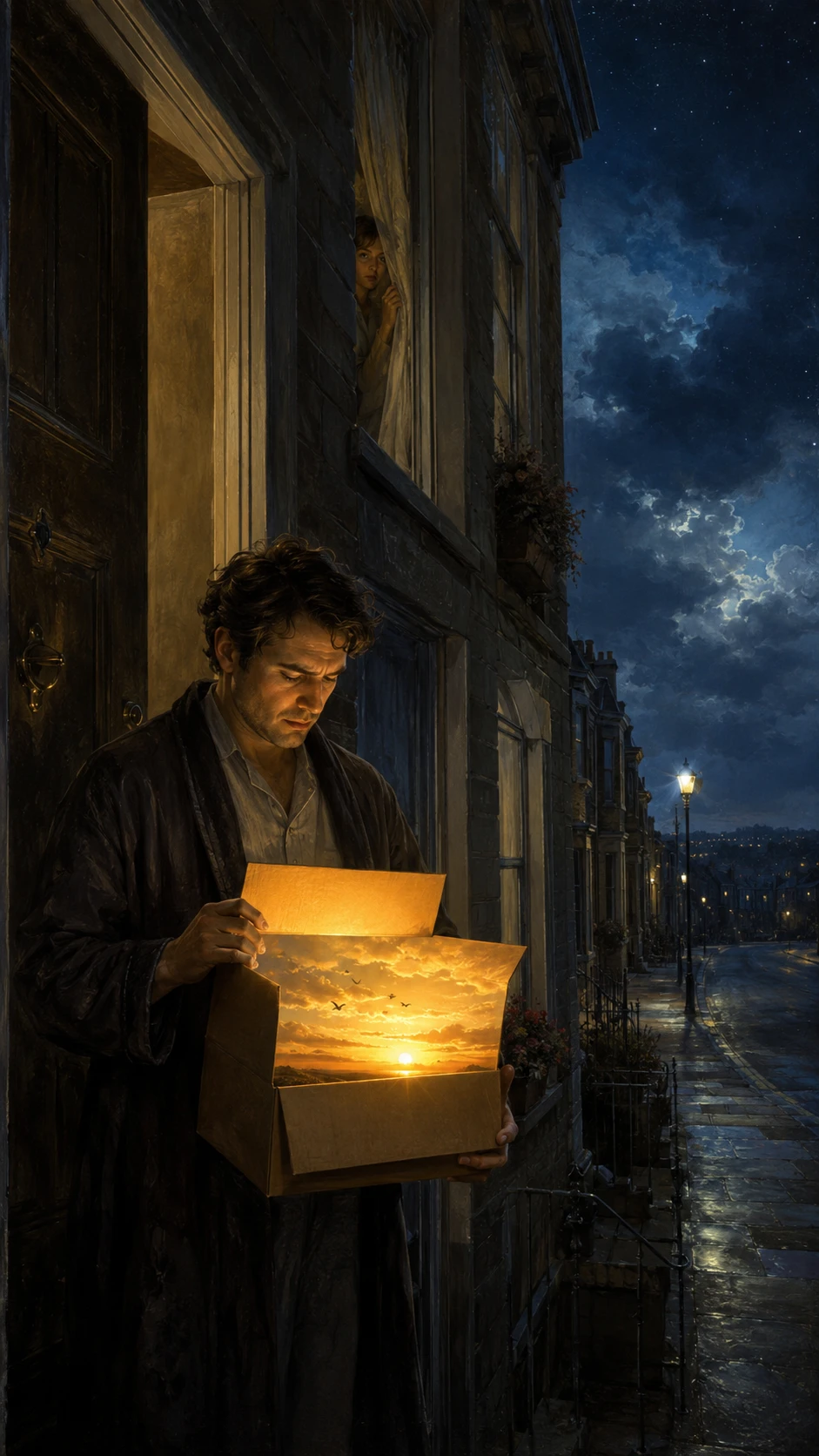 Man opening glowing package on an old townhouse doorstep
