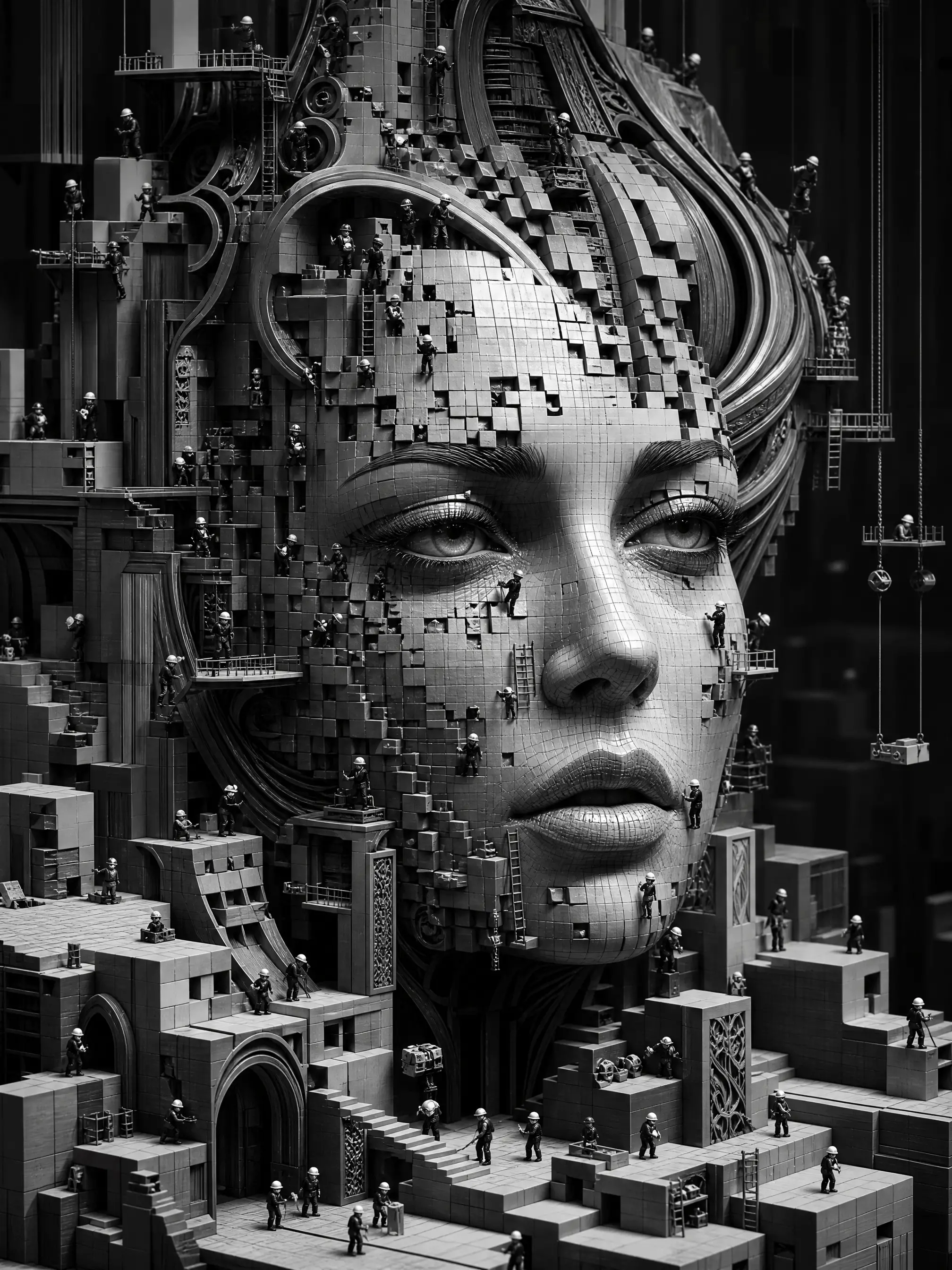 Surreal grayscale female face built from tiny cubic fragments