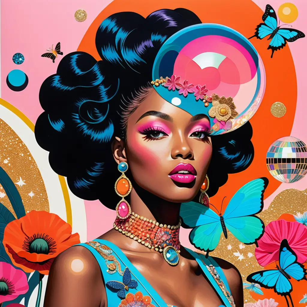 Collage surréaliste en techniques mixtes avec femme rétro et boule disco